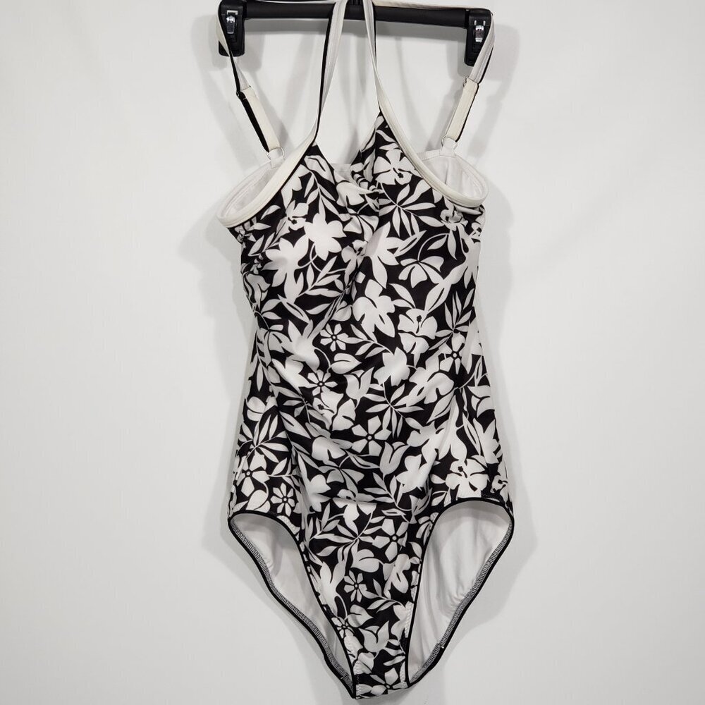 Lands' End Black White Hawaiian Floral One Piece Swimsuit Size 14l Padded Cups